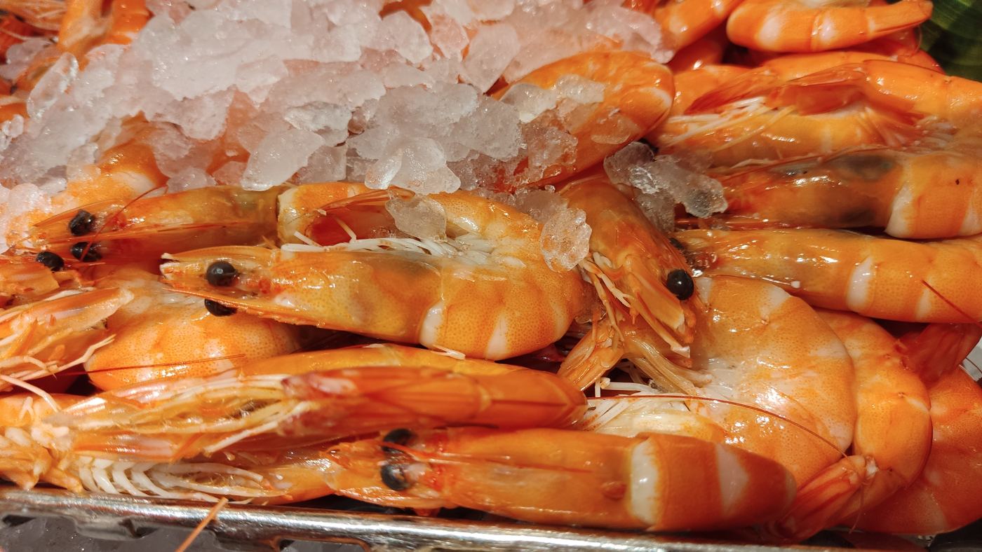 Fresh shrimp piled on crushed ice
