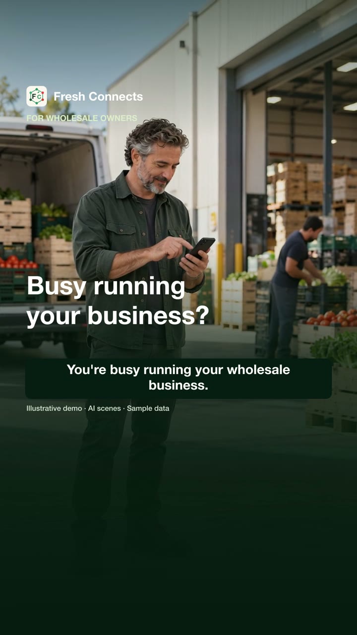 A wholesaler checking his phone in his warehouse — the opening of the 26-second clip
